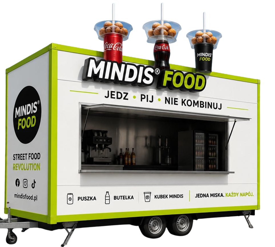 Przyczepa gastronomiczna MINDIS FOOD z pączkami i otwartym okienkiem sprzedażowym, przy którym ustawia się kolejka gości
